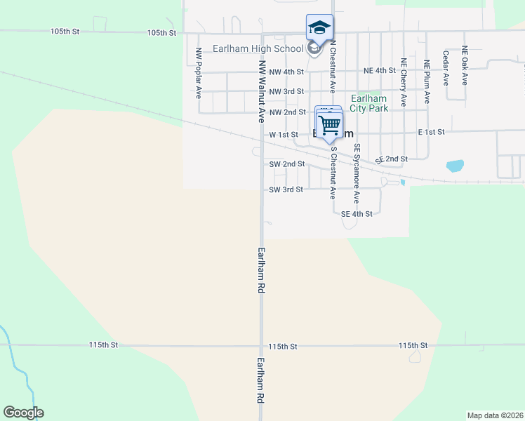 map of restaurants, bars, coffee shops, grocery stores, and more near 360 Southwest Walnut Avenue in Earlham