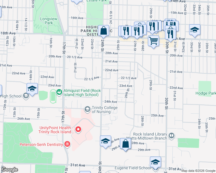 map of restaurants, bars, coffee shops, grocery stores, and more near 2228 25th Street in Rock Island