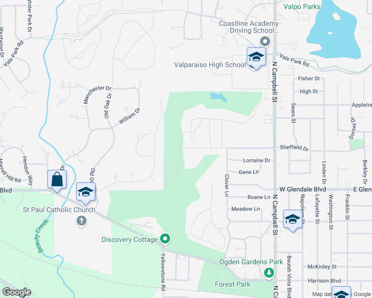 map of restaurants, bars, coffee shops, grocery stores, and more near 961 Sheffield Drive in Valparaiso