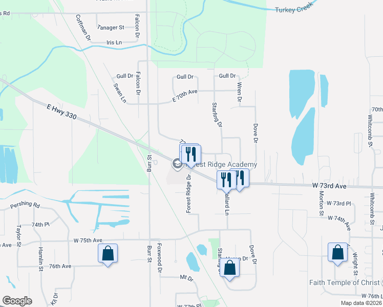 map of restaurants, bars, coffee shops, grocery stores, and more near 5366 72nd Ave in Schererville