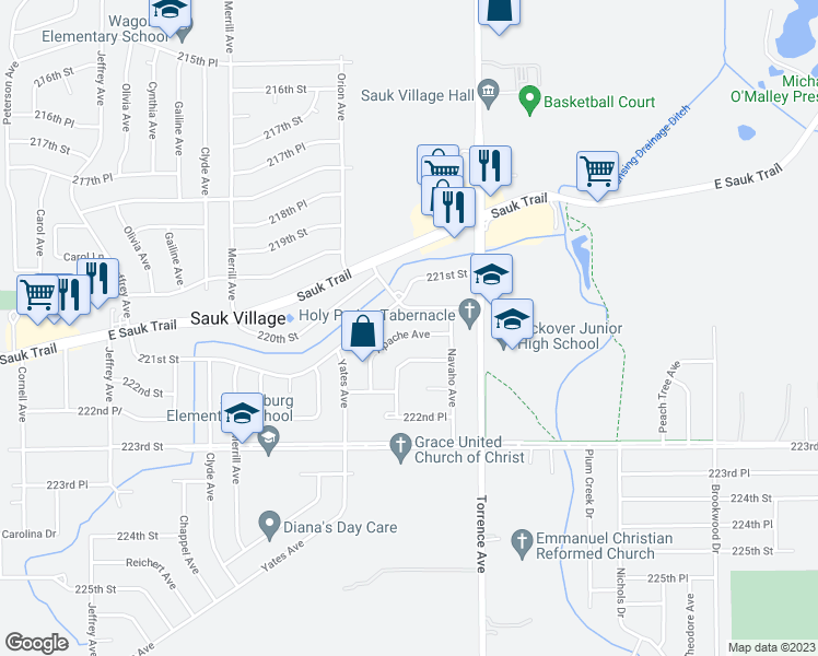 map of restaurants, bars, coffee shops, grocery stores, and more near 2455 Apache Avenue in Sauk Village
