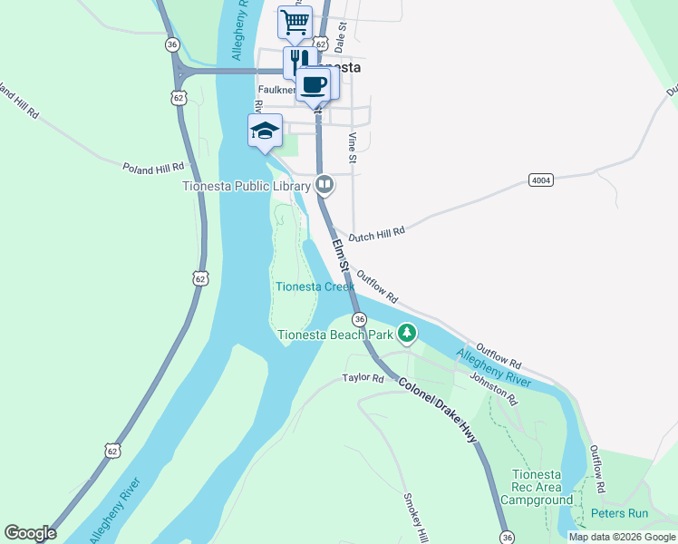 map of restaurants, bars, coffee shops, grocery stores, and more near 100-132 S Elm St in Tionesta