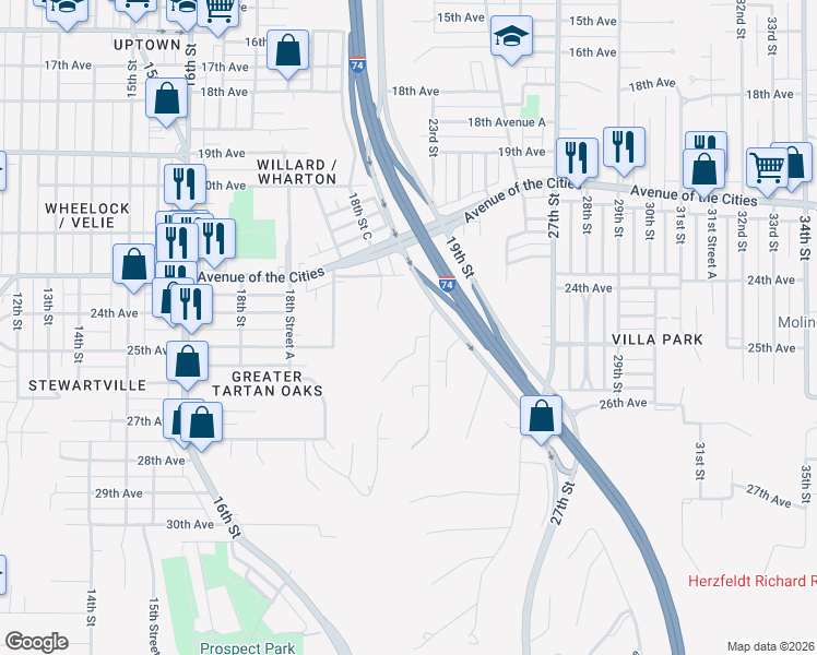 map of restaurants, bars, coffee shops, grocery stores, and more near 2400 18th Street C in Moline