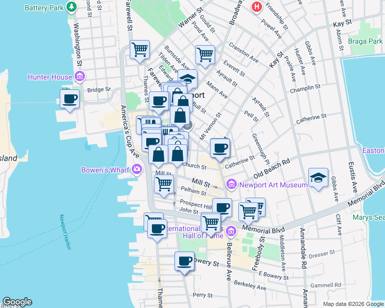 map of restaurants, bars, coffee shops, grocery stores, and more near 32 School Street in Newport