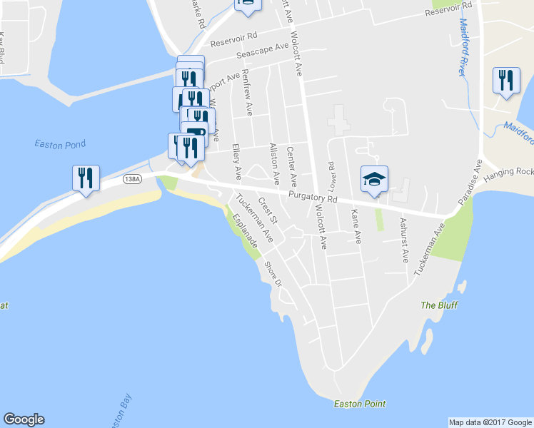 map of restaurants, bars, coffee shops, grocery stores, and more near 43 Crest Street in Middletown