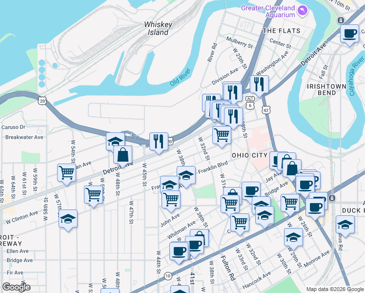 map of restaurants, bars, coffee shops, grocery stores, and more near 3501 Detroit Ave in Cleveland