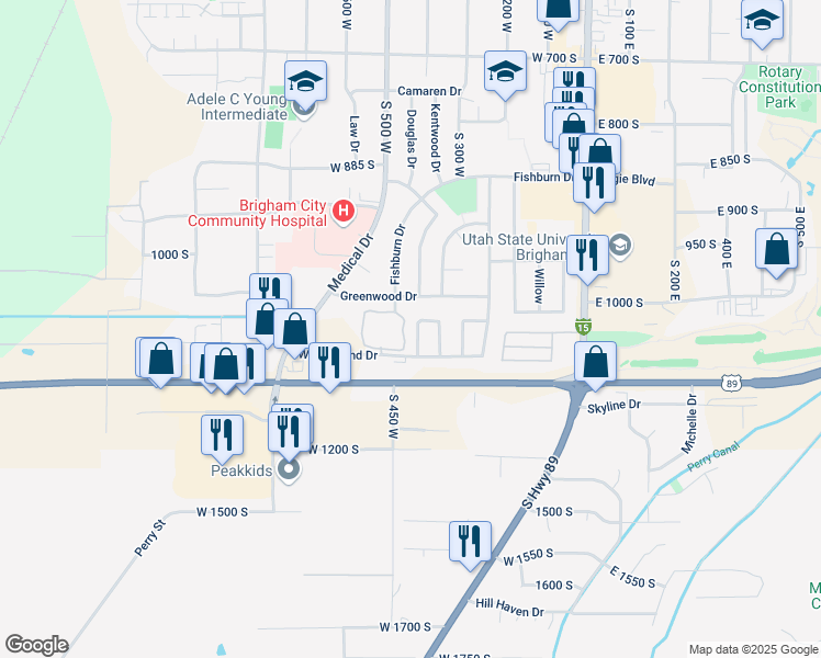 map of restaurants, bars, coffee shops, grocery stores, and more near 649 Anderson Drive in Brigham City