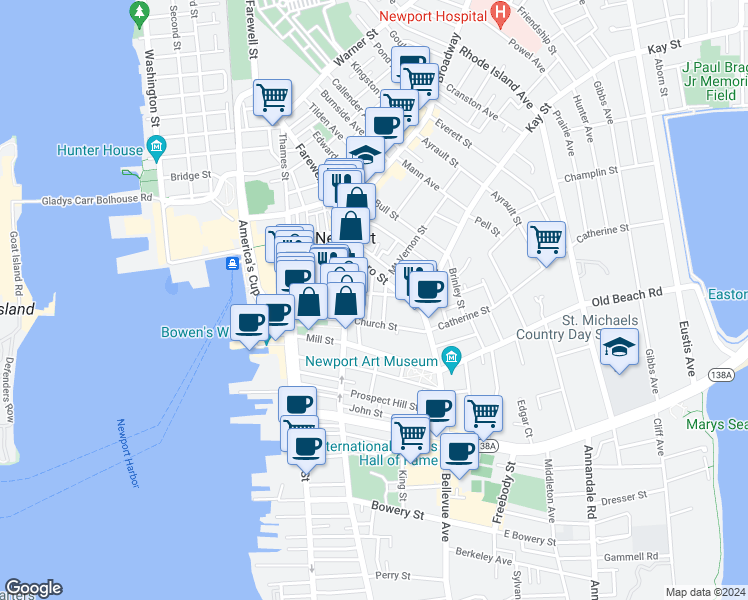 map of restaurants, bars, coffee shops, grocery stores, and more near 20 School Street in Newport