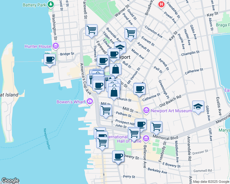 map of restaurants, bars, coffee shops, grocery stores, and more near 41 Mary Street in Newport