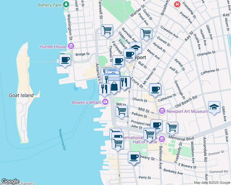 map of restaurants, bars, coffee shops, grocery stores, and more near 20 Mary Street in Newport