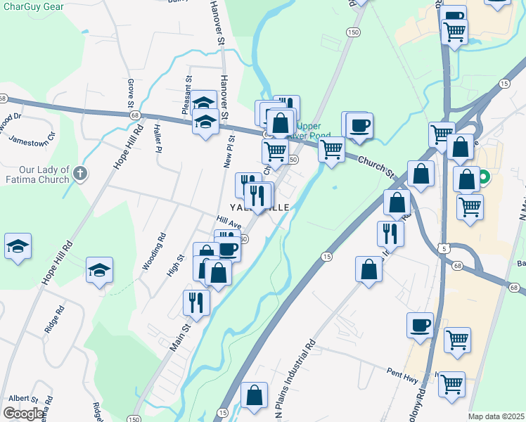 map of restaurants, bars, coffee shops, grocery stores, and more near 386 Main Street in Wallingford
