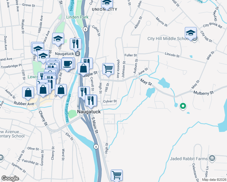 map of restaurants, bars, coffee shops, grocery stores, and more near 55 Hillcrest Avenue in Naugatuck
