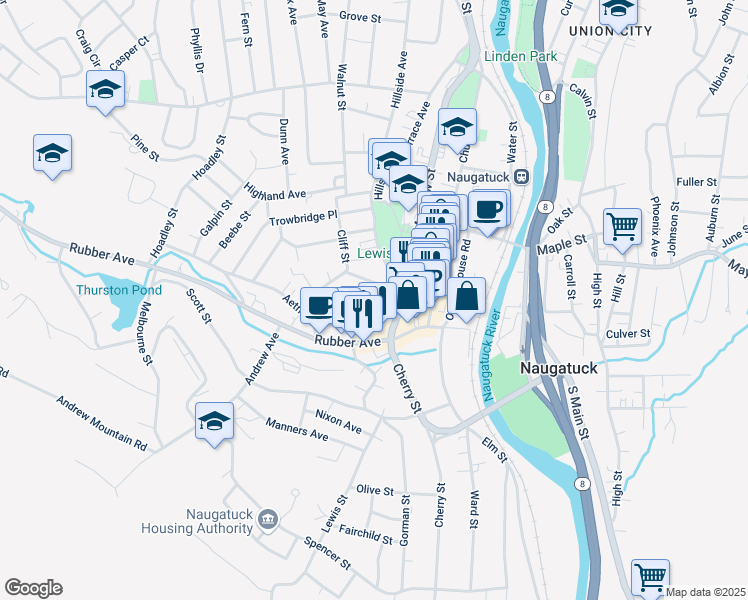 map of restaurants, bars, coffee shops, grocery stores, and more near 30 Pleasant View Street in Naugatuck