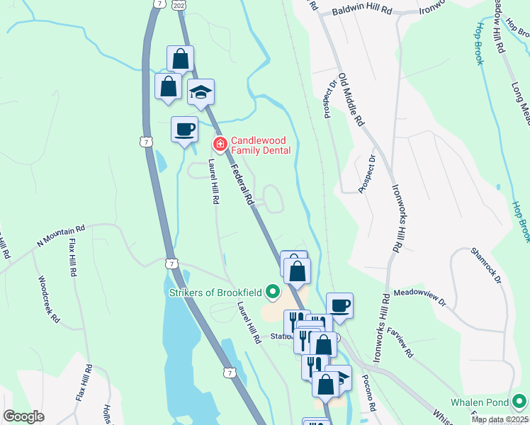 map of restaurants, bars, coffee shops, grocery stores, and more near 16 Great Heron Lane in Brookfield