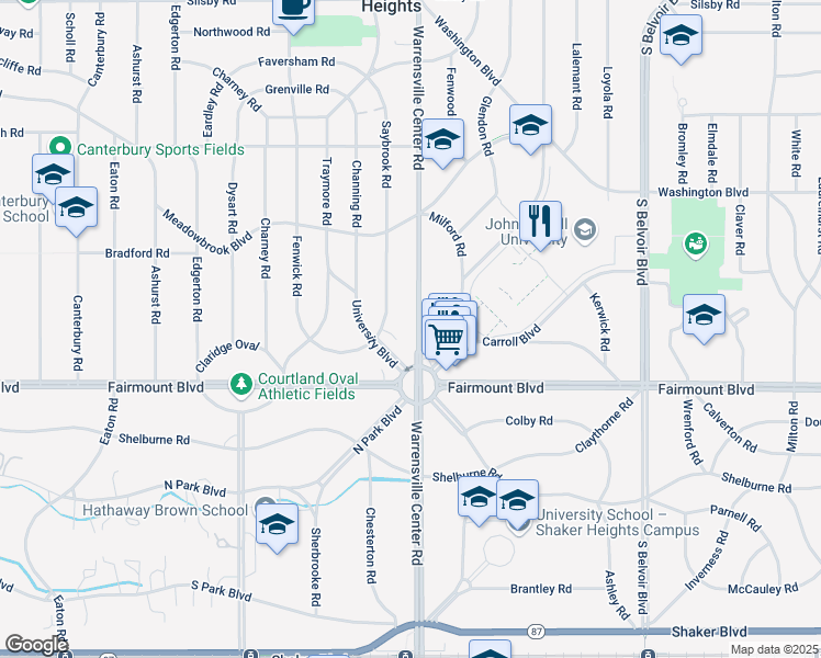 map of restaurants, bars, coffee shops, grocery stores, and more near 2612 Warrensville Center Road in Cleveland