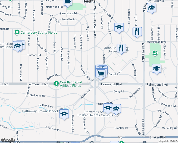 map of restaurants, bars, coffee shops, grocery stores, and more near 2612 Warrensville Center Road in Cleveland