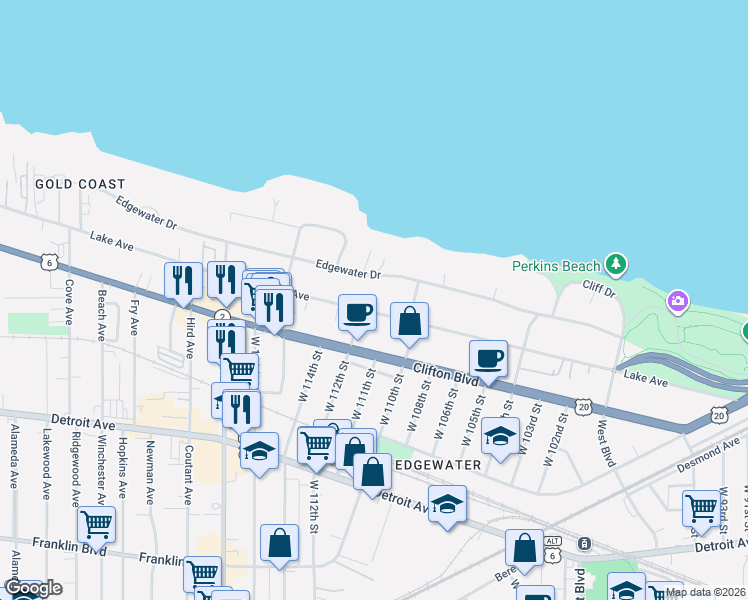 map of restaurants, bars, coffee shops, grocery stores, and more near 11115 Edgewater Drive in Cleveland