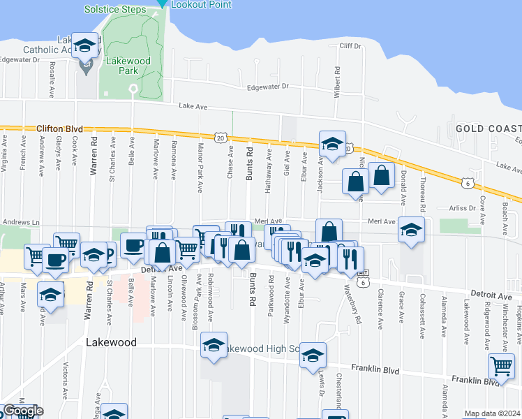 map of restaurants, bars, coffee shops, grocery stores, and more near 1288 Hathaway Avenue in Lakewood