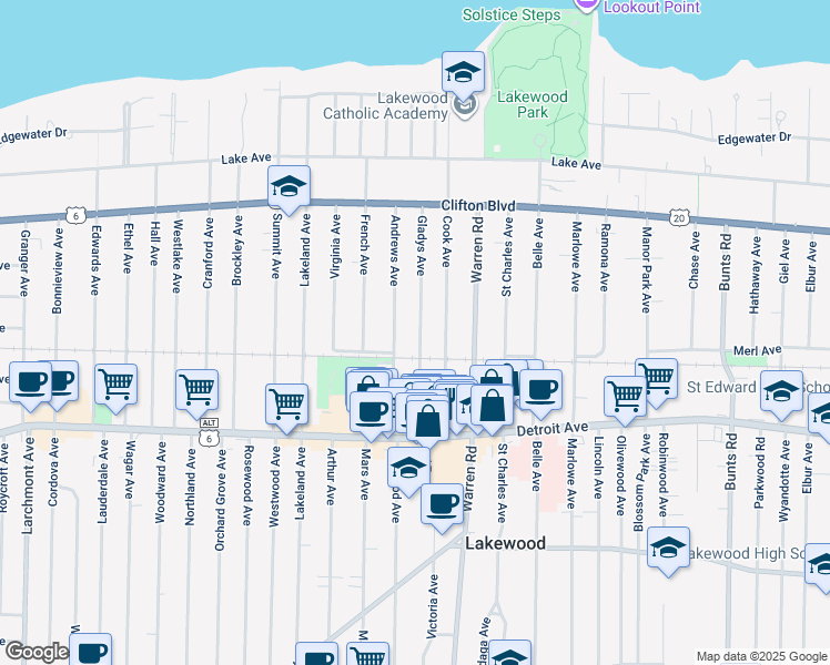map of restaurants, bars, coffee shops, grocery stores, and more near 1275 Gladys Avenue in Lakewood