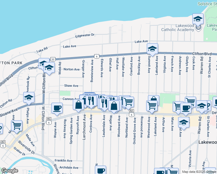 map of restaurants, bars, coffee shops, grocery stores, and more near 1286 Ethel Avenue in Lakewood