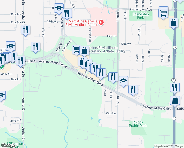 map of restaurants, bars, coffee shops, grocery stores, and more near 985 22nd Avenue in Silvis