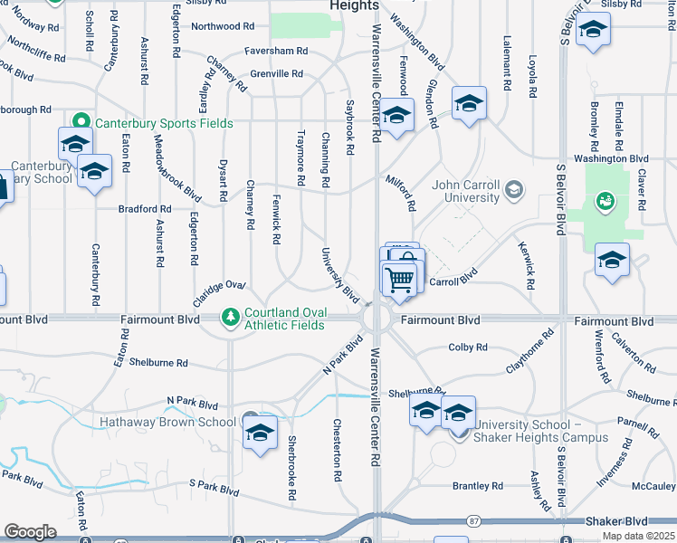 map of restaurants, bars, coffee shops, grocery stores, and more near 2628 Saybrook Road in University Heights