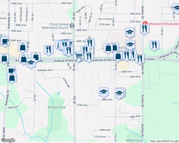 map of restaurants, bars, coffee shops, grocery stores, and more near 827 Oaklawn Avenue in East Moline