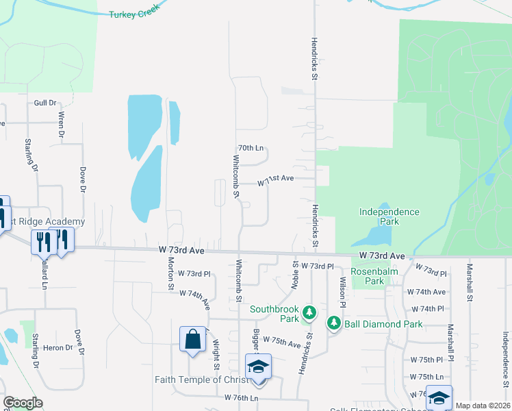 map of restaurants, bars, coffee shops, grocery stores, and more near 7136 Wallace St in Merrillville