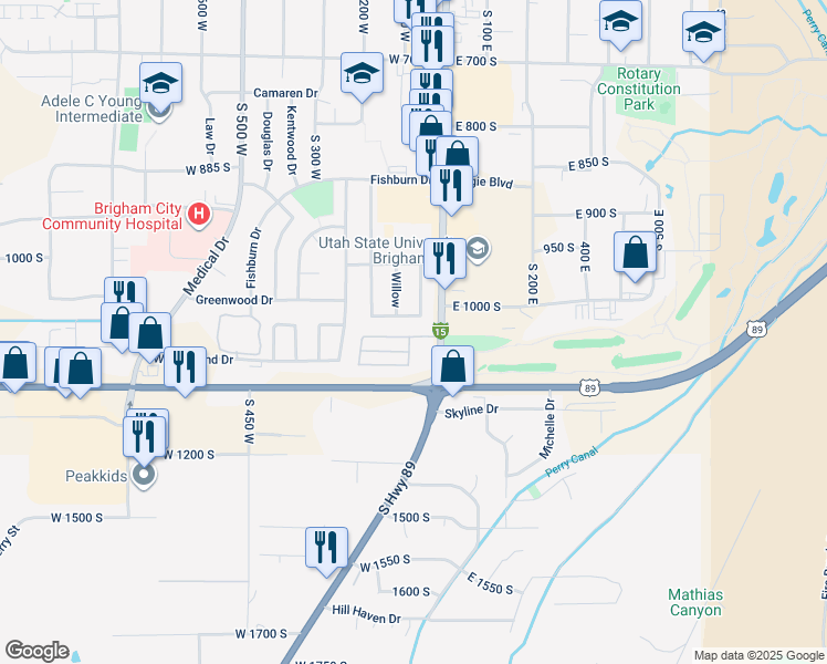 map of restaurants, bars, coffee shops, grocery stores, and more near 1060 South Main Street in Brigham City