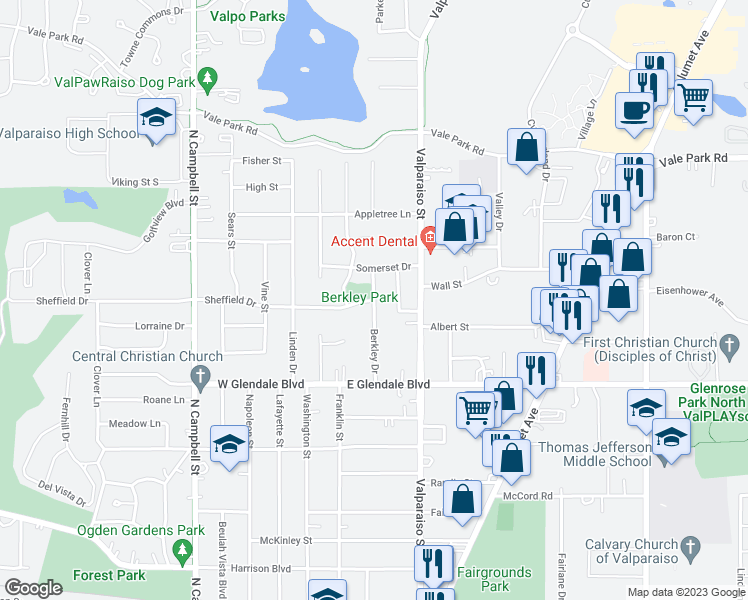 map of restaurants, bars, coffee shops, grocery stores, and more near 2201 Berkley Drive in Valparaiso