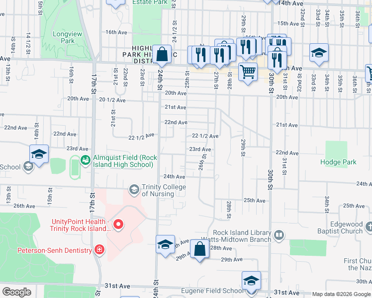 map of restaurants, bars, coffee shops, grocery stores, and more near 2501 23rd Avenue in Rock Island