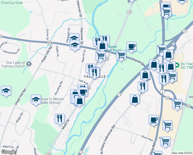 map of restaurants, bars, coffee shops, grocery stores, and more near 380 Main Street in Wallingford