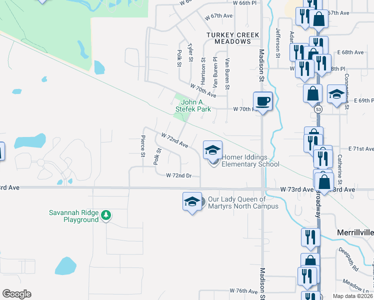 map of restaurants, bars, coffee shops, grocery stores, and more near 913 West 72nd Avenue in Merrillville