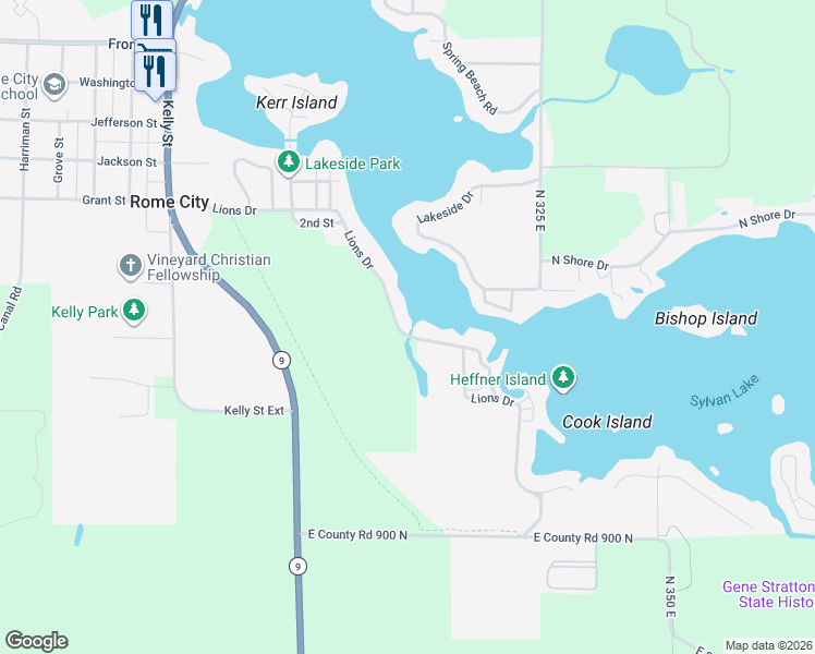 map of restaurants, bars, coffee shops, grocery stores, and more near 615 Lions Drive in Rome City
