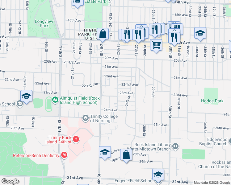 map of restaurants, bars, coffee shops, grocery stores, and more near 2240 25th Street in Rock Island
