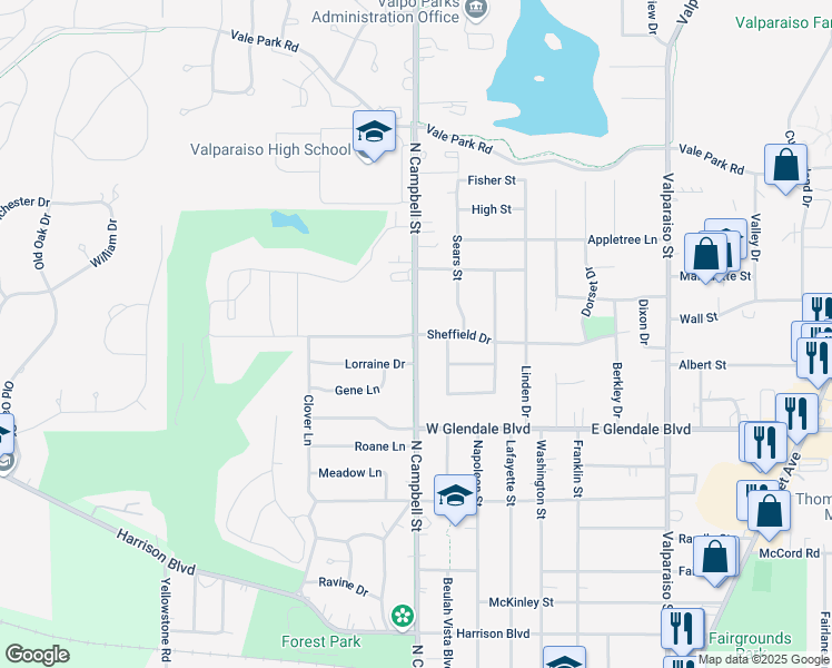 map of restaurants, bars, coffee shops, grocery stores, and more near 400 Sheffield Drive in Valparaiso
