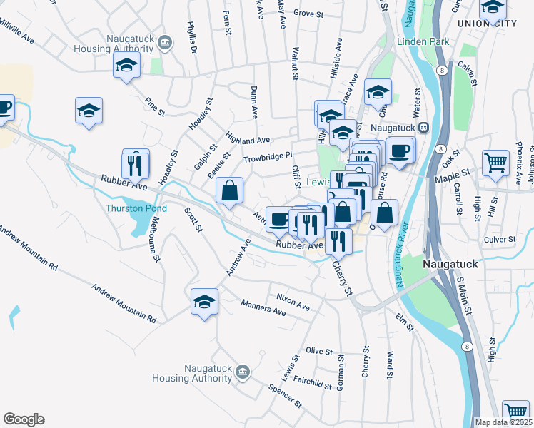 map of restaurants, bars, coffee shops, grocery stores, and more near 57 Aetna Street in Naugatuck
