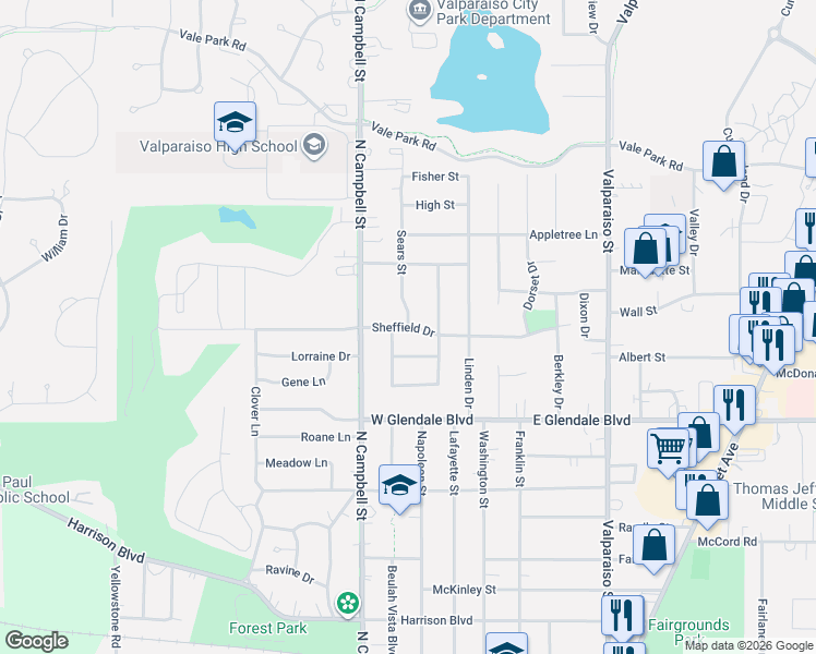 map of restaurants, bars, coffee shops, grocery stores, and more near 2201 Sears Street in Valparaiso