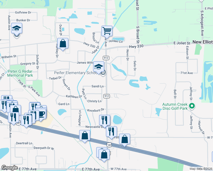 map of restaurants, bars, coffee shops, grocery stores, and more near 2052 Cline Avenue in Schererville