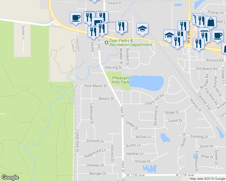 map of restaurants, bars, coffee shops, grocery stores, and more near 2399 Hart Street in Dyer