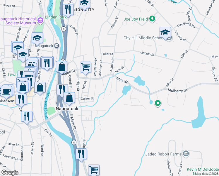 map of restaurants, bars, coffee shops, grocery stores, and more near 40 Bird Road in Naugatuck
