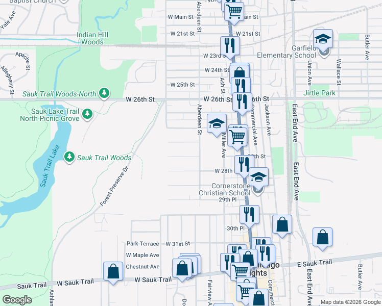 map of restaurants, bars, coffee shops, grocery stores, and more near 170 West 27th Place in South Chicago Heights