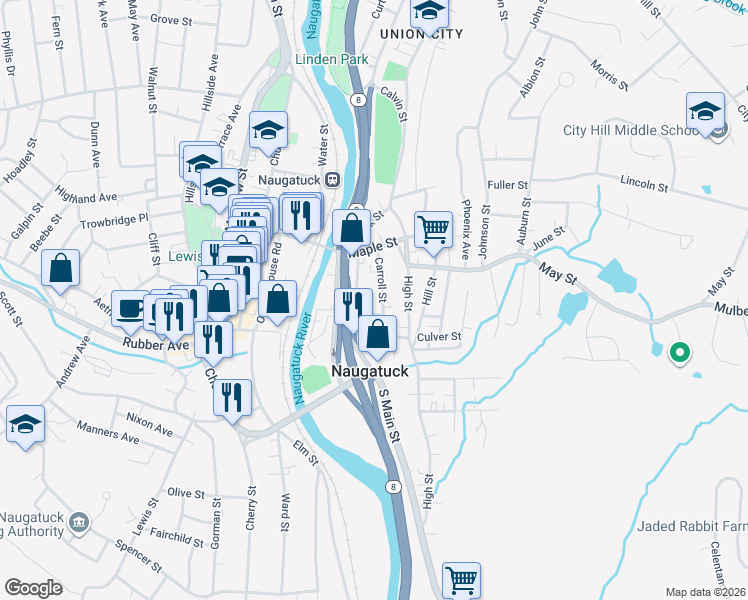map of restaurants, bars, coffee shops, grocery stores, and more near 28 Central Avenue in Naugatuck
