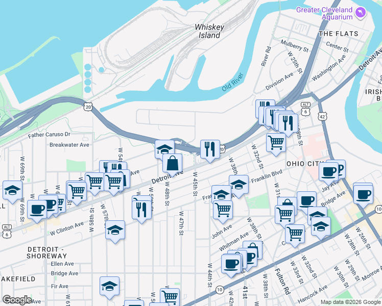 map of restaurants, bars, coffee shops, grocery stores, and more near Grand Army of the Republic Highway in Cleveland