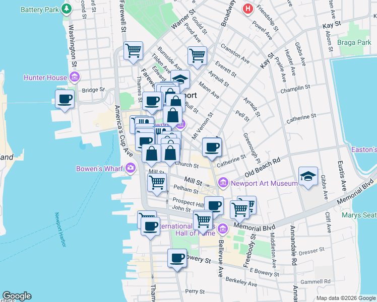 map of restaurants, bars, coffee shops, grocery stores, and more near 15 High Street in Newport