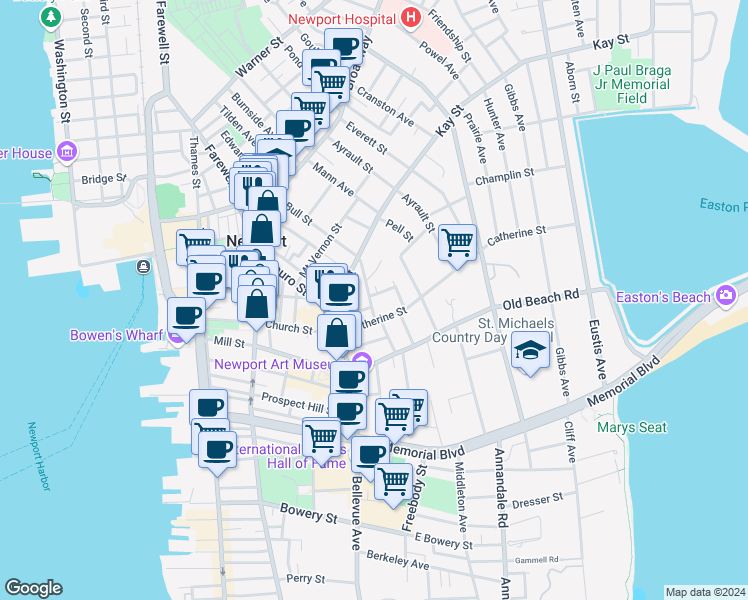 map of restaurants, bars, coffee shops, grocery stores, and more near 15 Brinley Street in Newport