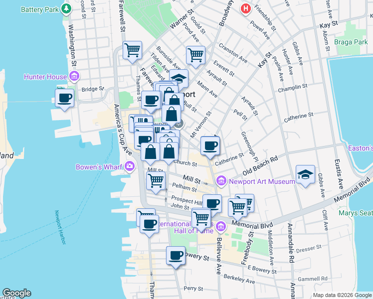map of restaurants, bars, coffee shops, grocery stores, and more near 20 School Street in Newport
