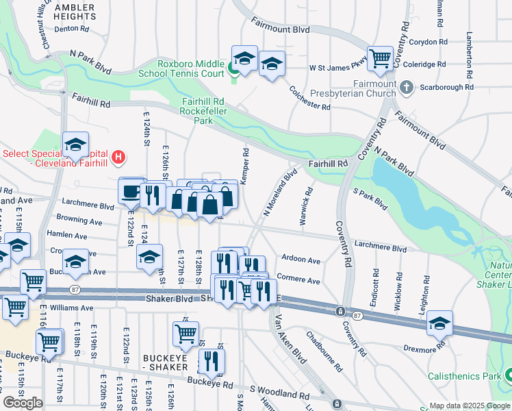 map of restaurants, bars, coffee shops, grocery stores, and more near 2590 North Moreland Boulevard in Shaker Heights