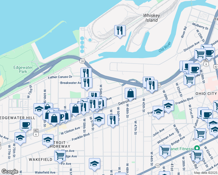 map of restaurants, bars, coffee shops, grocery stores, and more near 5110 Herman Avenue in Cleveland