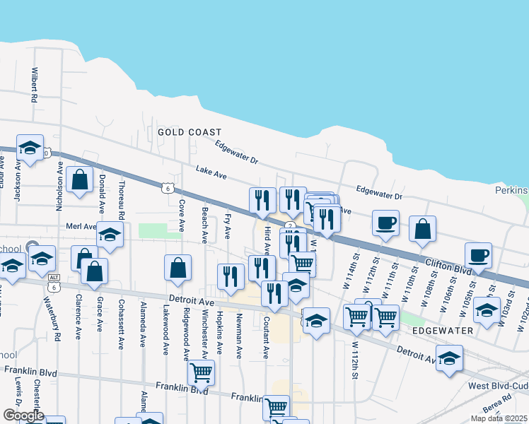 map of restaurants, bars, coffee shops, grocery stores, and more near 11828 Clifton Boulevard in Lakewood